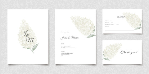 Wedding invitation cards with white flowers. Simple vector floral design template. Nature spring floral illustration in minimal style. Elegant minimalist invite postcard