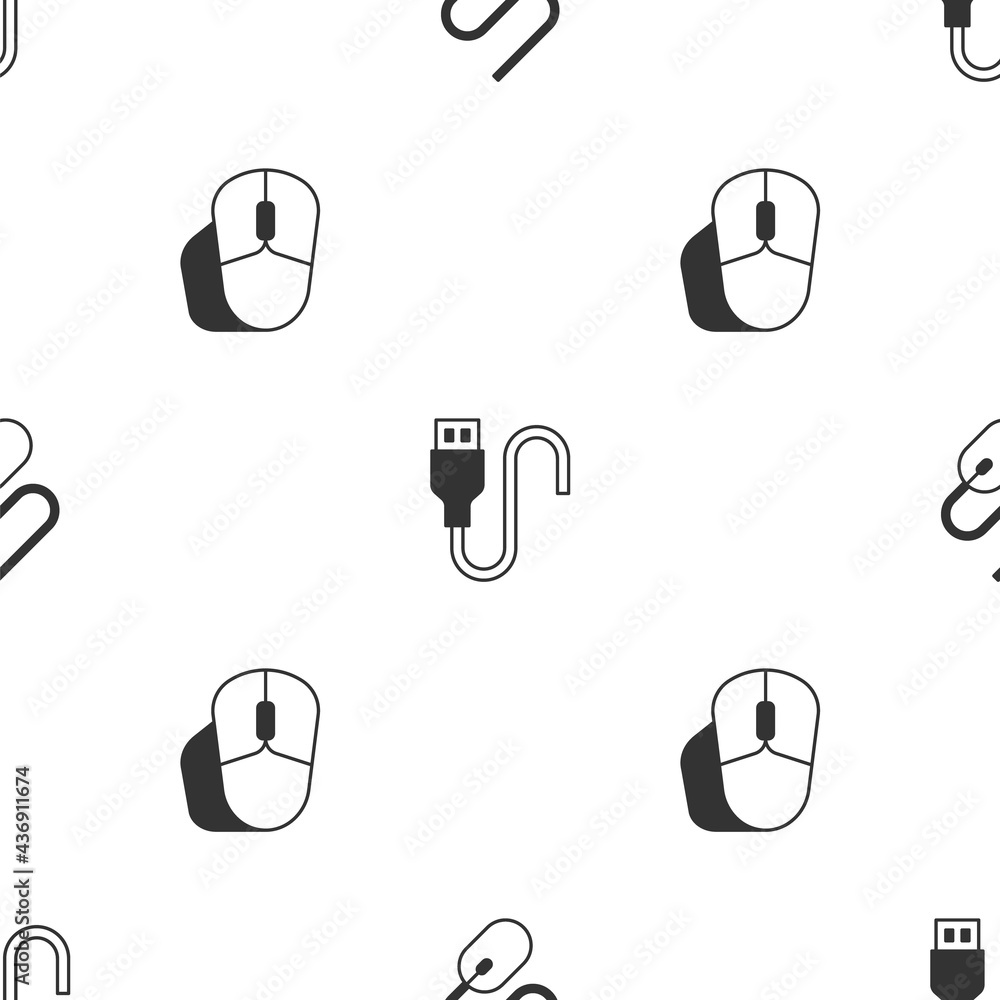 Poster set computer mouse, usb cable cord and on seamless pattern. vector