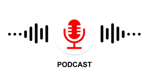 The microphone icon in a fashionable flat style is isolated against the background. Logo, application, user interface. Podcast radio icon. Studio microphone table broadcast podcast text.