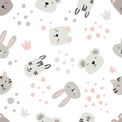 Vector pattern with animals for printing on children's textiles. Bears, bunnies, zebras in gray and pink colors for children.