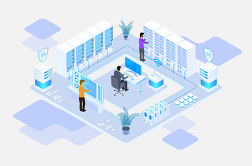 data center or server room processing data operation with security protection and maintenance with isometric design style - vector	
