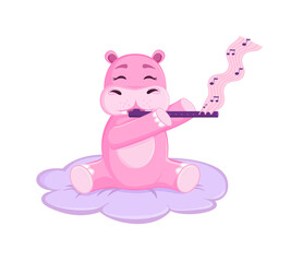 A pink hippopotamus sits on an air cloud and plays a purple flute. Notes. Isolated. Concept. Cartoon style. Toy. Vector illustration