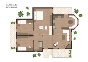 Floor plan of  house , wooden floor 3 bedrooms apartment top view vector