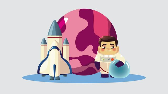 cute astronaut with planet and rocket character