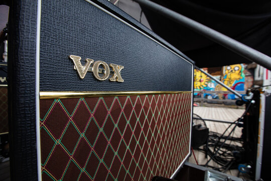 Lviv, Ukraine - May 20, 2021: amplifier on concert stage