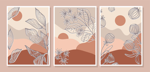 Pastel abstract natural and minimal wall art set. Abstract Plant Art design for print, cover, wallpaper and stories. Vector illustration.