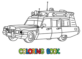Funny retro ambulance car with eyes. Coloring book