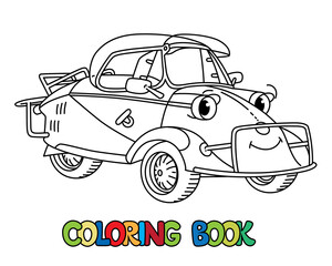 Funny small retro car with eyes. Coloring book