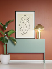 3d render of a modern pale red mockup interior with wooden frame on an empty wall a teal sideboard and a calathea plant