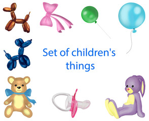 Digital art.Set of children's stuff toys on white background