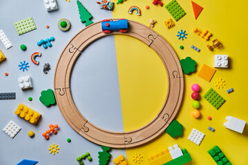 Naklejka premium Set of different children's toys, wooden railroad
