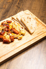 Meat tacos with cheese. Traditional mexican food. Mexican food on wooden background with copy space. Mexican tacos concept.