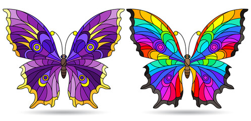 A set of illustrations in a stained glass style with bright butterflies, insects isolated on a white background