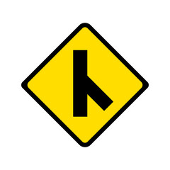 Warning of skewed side road junction on left traffic sign. Yellow background.