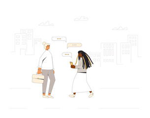 Two teenagers meeting on the street. Young friends standing with phones. Vector color line illustration.