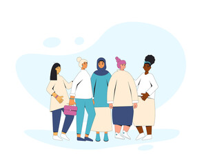 Group of diverse teenagers standing together. Young female friends wearing in casual clothes. five girls hugging each other. Vector line illustration.
