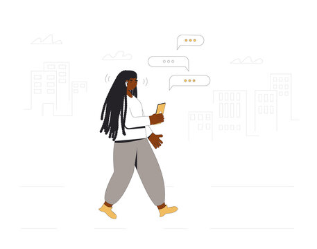 Young Female Person Wearing In Casual Clothes Using Her Smartphone. . African American Teenager Walking Through The Streets With Her Phone. Vector Line Illustration.