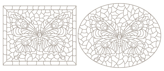 Set of contour illustrations in stained glass style with butterflies in frames, dark contours on a white background