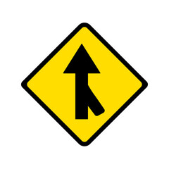 Lanes merging right sign on yellow background.