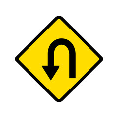 Hairpin curve to left sign vector, yellow background.