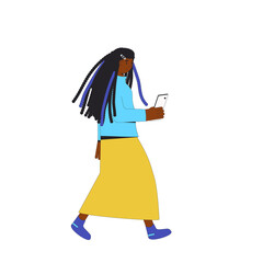 Young african american woman. Female teenager wearing in casual clothes walking with smartphone in her hand isolated on a white background. Vector line illustration.