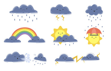 Naklejka premium Cute cartoon weather forecast icon set. Collection of funny vector weather signs. Colorful illustrations of rainbow, clouds, sun. Cartoon rain clouds with face. Cute storm clouds with sun. 