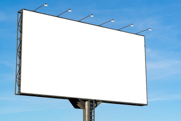 Obraz premium Blank horizontal billboard against blue sky background. White big board mock up for advertising, marketing, information