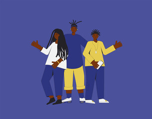 Group of african american teenagers standing together. Young female and male friends wearing in casual clothes. Boys and girl. Vector line illustration.