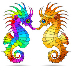 Set of stained glass illustrations with seahorses, animals isolated on a white background