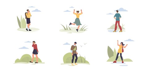 Set of vector cartoon flat characters in sad mood,melancholy,worried,upset - emotions,depression,troubles,social concept