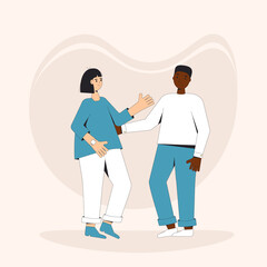 Teenagers couple standing together. Young female and male friends wearing in casual clothes. Boy and girl. Vectorline illustration.