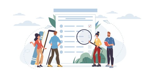 Vector cartoon flat characters passing online survey,test,exam and checking results on screen mobile phone devices,monitors - distance online education and examination concept