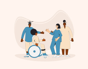 Group of diverse teenagers standing together. Young female and male friends wearing in casual clothes. Boy and girls hugging each other. Vector line illustration.