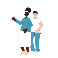 Teenagers couple standing together. Young female and male friends wearing in casual clothes. Boy and girl. Vectorline illustration.