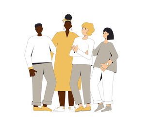 Group of diverse teenagers standing together. Young female and male friends wearing in casual clothes. Boys and girls hugging each other. Vector line illustration.