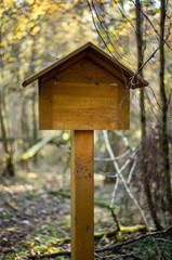 small wooden toilet house in the forest woods