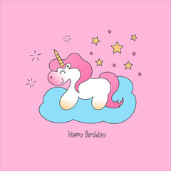 Cartoon unicorn. Festive card with a unicorn on a cloud. Vector illustration.