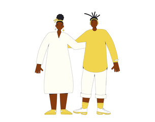 African american couple teenagers standing together. Young female and male friends wearing in casual clothes. Boy and girl. Vector line illustration.