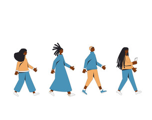 Group of african american teenagers walking one after another isolated on white background. Young female and male friends wearing in casual clothes marching in step together.
