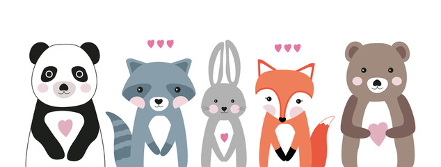 Set of vector animals isolated on white background. Panda, raccoon, rabbit, fox, bear and hearts. Baby illustration in flat cartoon style