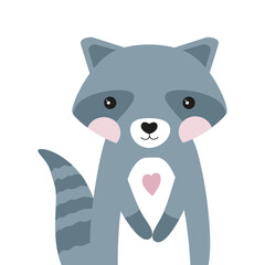 Vector animal on a white background. Cute baby raccoon. Raccoon with a heart on the chest. Ideal for poster prints for the playroom. Or for the design of the site of a children's shop