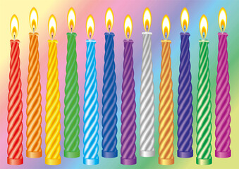 Twelve burning candles of various colors in vector format. For the decoration of parties, birthdays, holidays and other. 