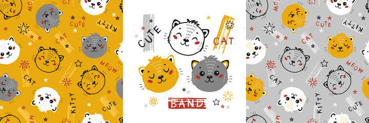 Set of Cute Cats Seamless Patterns and Print or Poster. Childish Background with Little Kitten Heads. Vector Baby Funny Animals Drawing for Tee Print for Kids. Yellow, Gray and White Colors