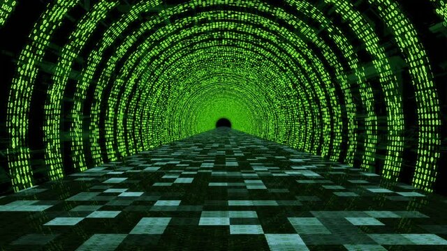 A tunnel made by arcs of green bits 0 and 1 that change their status each other and rotate around a floor of abstract structure of squares that change their transparency and light intensity constantly
