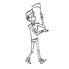 The tourist guide with a flag conducts a tour. Hand drawn cartoon vector illustration