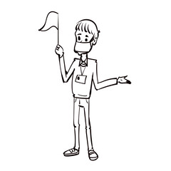 The tourist guide with a flag conducts a tour. Hand drawn cartoon vector illustration