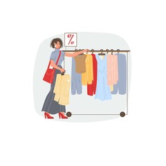 Vector flat cartoon character on shopping sale - discounts,sales,fashion,emotions,lifestyle,social concept