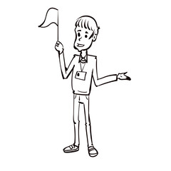 The tourist guide with a flag conducts a tour. Hand drawn cartoon vector illustration
