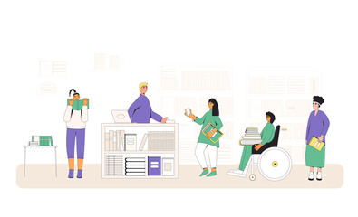 Bookstore. People in a bookshop buying a novels, nonfiction, scientific literature.Vector illustration.