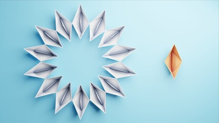 Illustration of leadership concept with orange paper boat standing out among white origami boats on blue background	
